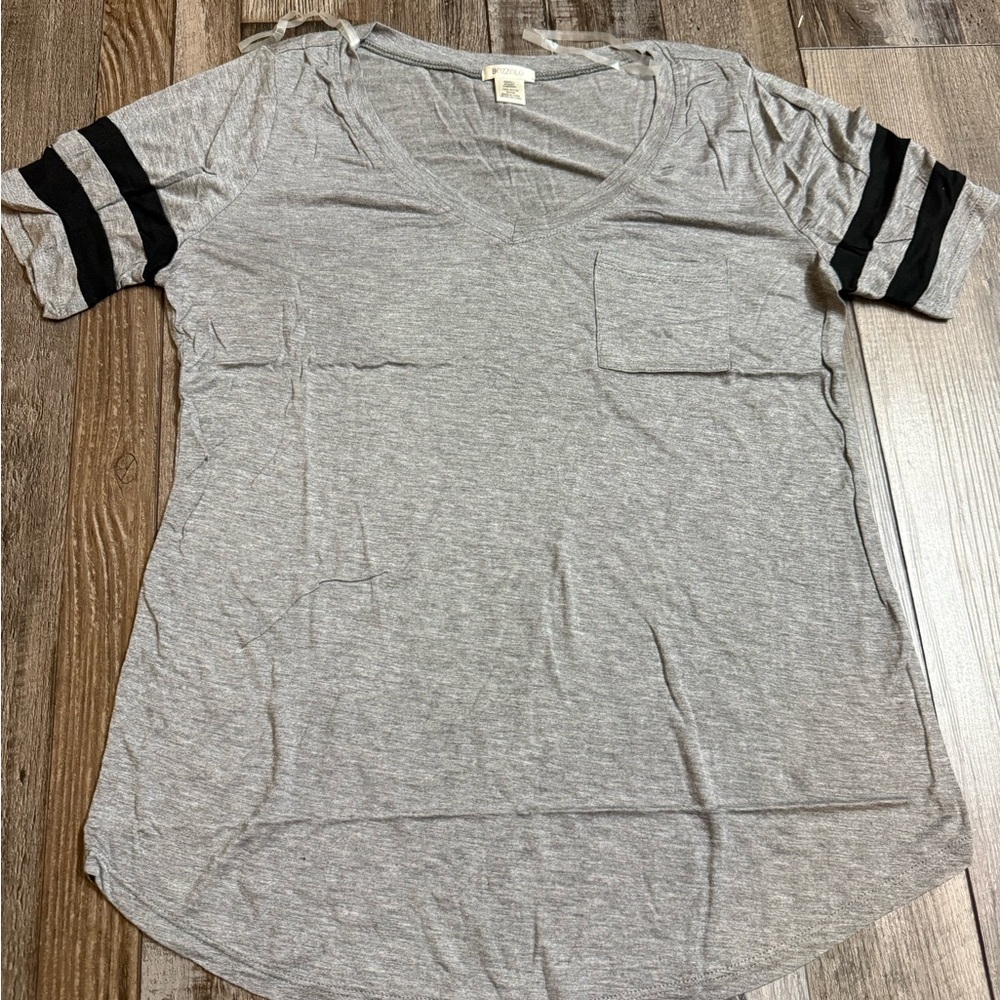 Bozzolo Gray V-Neck Women’s Top with Black Stripes on the sleeves – S, M, L